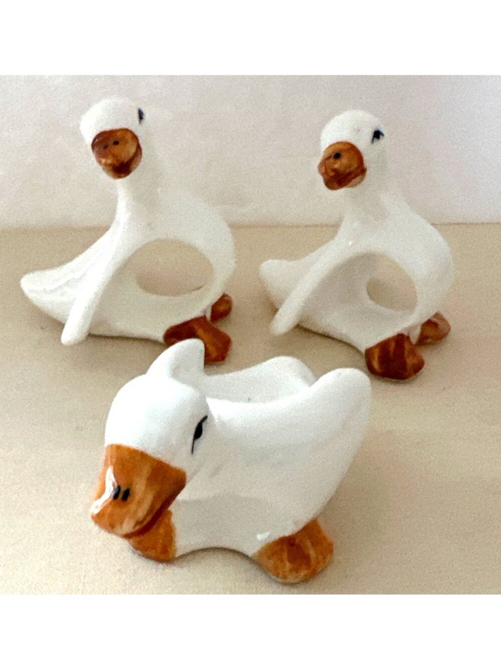 Country Farmhouse Goose Napkin Rings Set Of 3 Ceramic White Hand-Painted Vintage